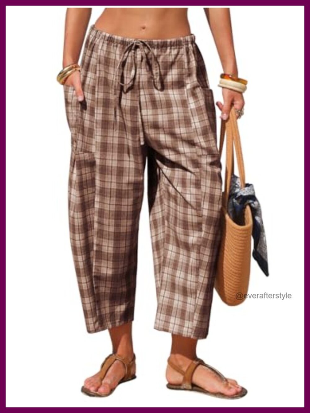 Faux Linen Gingham Capri Pants Cotton Blend Harem Wide Leg Lounge